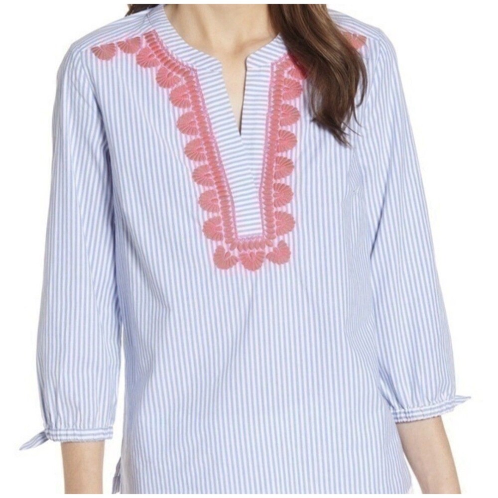 Vineyard Vines Seersucker Striped Tunic embroidered Accents Pink Blue Size S